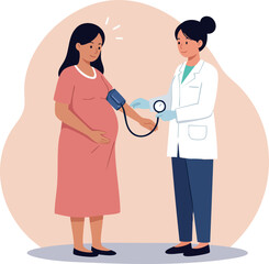 Pregnant woman having blood pressure checked by female doctor in medical consultation vector 