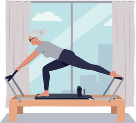 Senior woman exercising on Pilates reformer machine indoor with city view natural light 