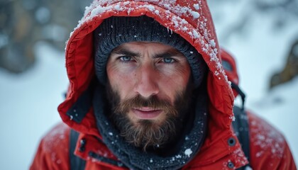 Close-up of determined climber in red jacket facing snowy landscape. Man blue eyes gaze directly at the camera with rugged environment behind. Adventure, exploration, cold, and travel concept.