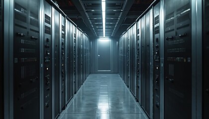 Futuristic industrial server room with metallic walls dark panels ambient lighting. Sci-fi environment, computer data storage security, digital tech infrastructure.