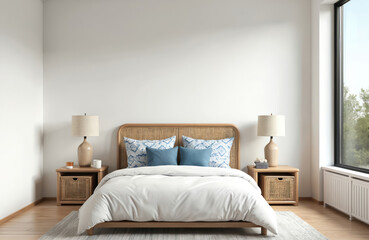 Coastal bedroom interior. White walls, wooden floor. Bed with pillows, bedside tables, lamps. Large window with natural light, scenic view. Modern home decor, cozy room. Template for design. 3d