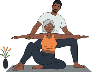 Older woman and young man practicing partner yoga exercise indoors on mat vector illustration 