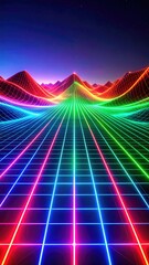 Vibrant Neon Grid Landscape Depicting Mountain Range against Starry Sky with Multiple Bright Colors