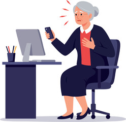 Elderly Woman Experiencing Heart Pain While Using Phone at Office Desk Vector Illustration 