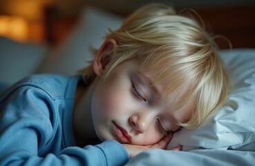 Close-up of sleeping blonde boy in blue pajama in bed. Child asleep, peaceful dreaming. Portrait of boy face. Kids bedroom, childhood, home, innocence, relaxation.