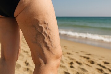 A woman's leg with prominent varicose veins stands on a sandy beach with the ocean in the background.
Concept of: Acceptance of imperfections.