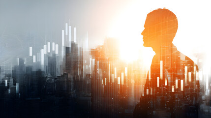 Silhouette of a person overlaid with a cityscape and financial chart elements in bright lighting