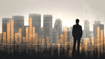 Silhouette of a businessman in front of a cityscape with financial chart overlays and bar graphs