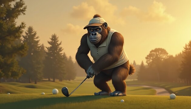 Gorilla pro golfer playing golf on green at dusk. Furry animal with cap swings club. Golf balls on lawn. Generative AI illustration for sports, hobby, leisure, recreation concepts.