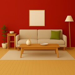 Modern Minimalist Living Room Interior Mockup with Red Wall. Stylish Scandinavian Design for Home Decor and Lifestyle Concepts. Room for Art, Text, or Design.