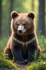 Obraz premium Adorable young brown bear cub sitting forest. Cute animal portrait in natural habitat. Baby grizzly bear, furry mammal with playful expression, wildlife, nature scenery. Summer, park, forest, trees
