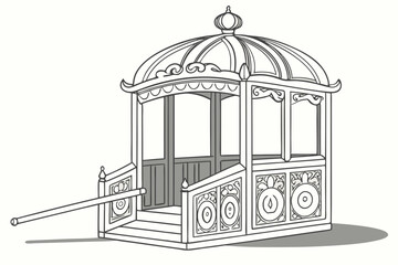 Detailed Line Art Illustration of a Traditional Chinese Palanquin Featuring Intricate Designs and Ornate Detailing on a White Background