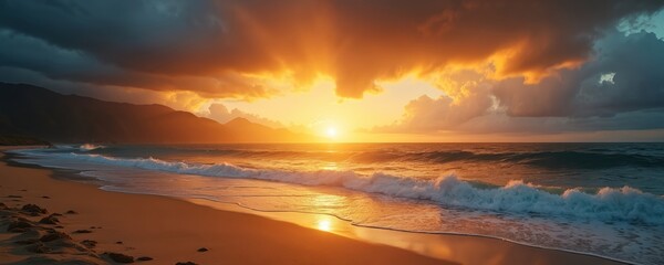 Golden sunset over ocean beach with sunny sky, fluffy clouds. Calm sea water, sand shore, coastal nature landscape. Warm summer vacation, tropical paradise, scenic view.