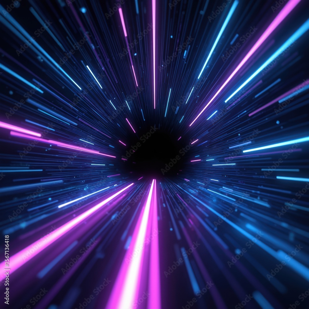 Poster 3d render shows dynamic light streaks speeding through space. blue, purple neon lines create tunnel,