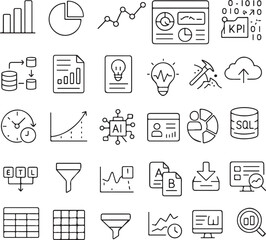 Naklejka premium Collection of business analytics and data science icons including charts graphs databases ai machine learning cloud computing and time management concepts