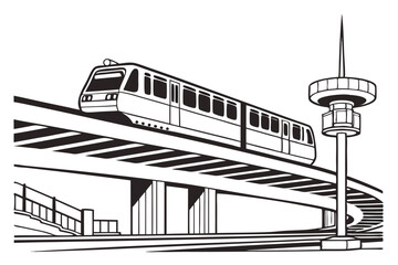 Monochrome Illustration of Elevated Train, Concrete Structure, and Tower Depicting Urban Transportation and Modern Architecture Elements