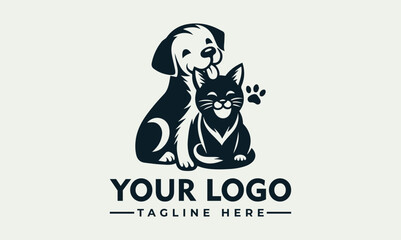 Happy dog and cat logo design, playful pets cuddling, monochrome illustration.