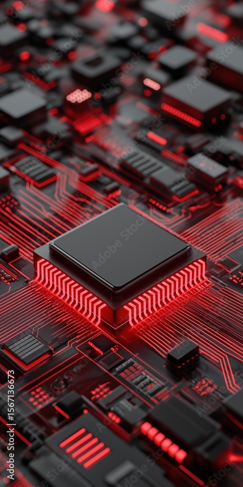 Aufkleber a computer chip with red lights is shown in a close up. the chip is surrounded by a black background