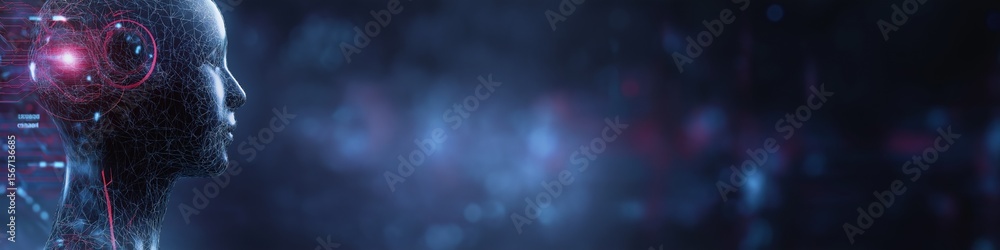 Poster a computer generated image of a face with a red dot in the center. the image is blue and has a futur