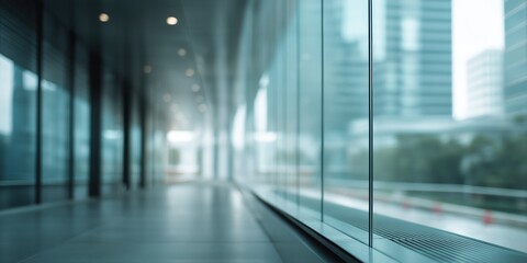 A large, empty room with a glass wall and a view of the city. The glass wall is clear and allows for a view of the city below. The room is empty, with no furniture or people visible