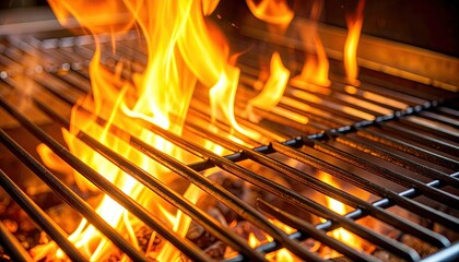 Warm Orange Fire Reflecting Off Steel Cooking Grate with Blazing Flames and Intense Heat