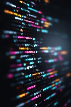 A computer screen with a lot of code on it. The code is in different colors and is very complex. Concept of technology and the complexity of computer programming