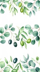 Watercolor Illustration Of Eucalyptus Sprigs And Olive Branches Arrangement On White Background With Green Leaves