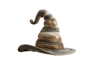 PNG Intricate fantasy wizard hat with golden ornate designs on black background
