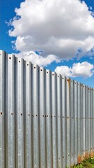 Weathered Corrugated Steel Fence With Rusted Bolts Against A Blue Sky And Fluffy Clouds