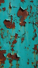 Weathered Metal Sheet with Peeling Teal Paint Revealing Rusty Brown Patches