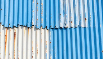 Weathered Corrugated Metal Sheet With Vertical Pattern in Blue and White Showing Rust and Damage