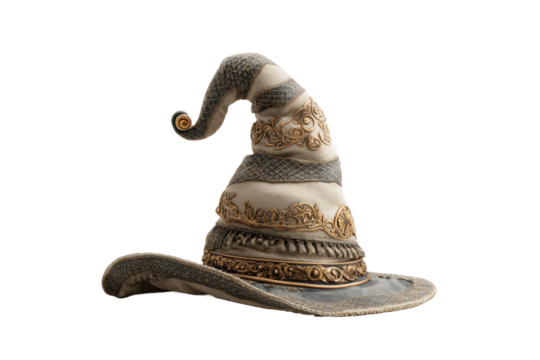 PNG Intricate fantasy wizard hat with golden ornate designs on black background