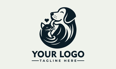 Stylized logo depicting a dog and cat embracing with a heart above the cat's head.