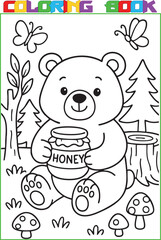Coloring page for kids, a cute cartoon bear with a jar of honey, a black outline, and a white background.