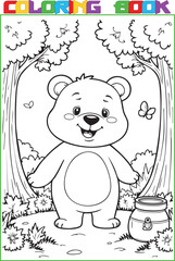 Coloring page for kids, a cute cartoon bear a black outline and a white background.