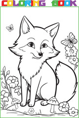 Coloring page for kids, a cute cartoon fox a black outline and a white background