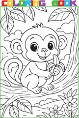 Coloring page for kids, a cute cartoon monkey with banana, a black outline and a white background