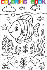 Coloring page for kids, a cute cartoon small fish, a black outline and a white background