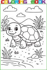 Coloring page for kids, a cute cartoon turtle, a black outline and a white background