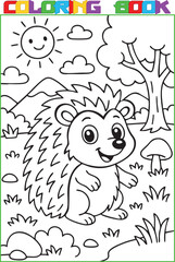 Coloring page for kids, a cute cartoon hedgehog a black outline and a white background