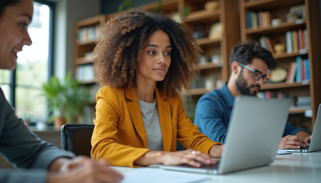 Group diverse team using laptops in contemporary office. Young female media relations manager working on brand innovation strategy. Colleagues teamwork collaboration communication. Modern tech,