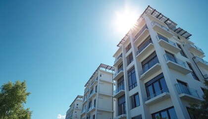 Modern apartment complex with solar panels on rooftop against bright blue sky. Energy efficient building, eco friendly, renewable energy. Sustainable living. Sunny residential housing, urban