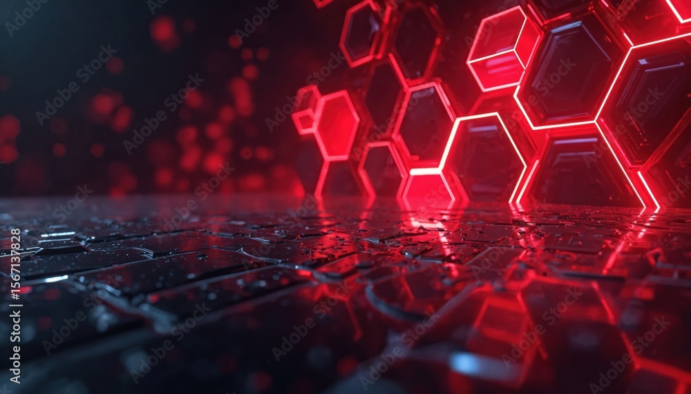 Poster futuristic 3d red neon hexagonal pattern abstract tech background. overlapping shapes, glowing light