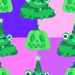 Halloween animals cartoon seamless frogs monsters pattern for wrapping and kids clothes print and party accessories