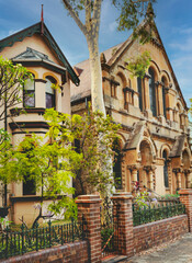 Fototapeta premium Old house's facade from XIX Century, in Gothic architetonic style, in Annandale Neighborhood, Sydney, Australia, Dec 2019