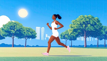 Woman Running Through City Park With Lush Green Trees Under Bright Sunny Sky in Pixelated Style