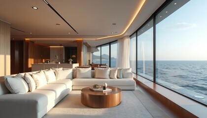 Modern yacht interior with panoramic ocean views. Luxury living room features white sofa wooden coffee table large windows. Stylish elegant design reflects comfort. Coastal living vacation home for