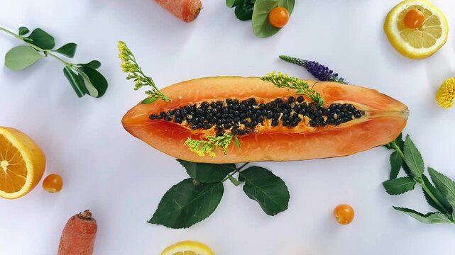 fresh fruit arrangement, vegetable display, yummy papaya presentation, colorful produce layout, vibrant fruit and veggie mix, delightful healthy platter, charming fruit display, stunning vegetable arr