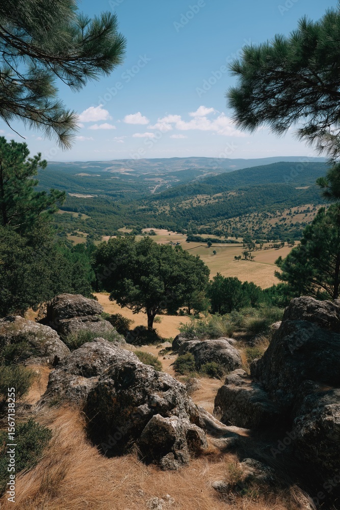 Poster a view of a mountain range with a tree in the foreground. the sky is blue and the trees are green