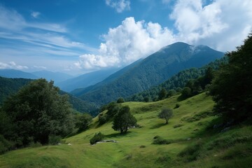 Naklejka premium A mountain range with a clear blue sky and a few trees. The sky is mostly clear with a few clouds scattered throughout. The mountains are covered in trees and the grass is lush and green